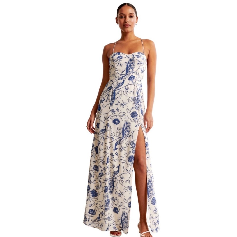 Abercrombie & Fitch Blue White Peacock Toile Maxi Dress XL Lace Up Back Slit